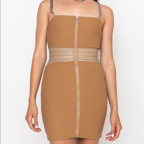 New AKIRA All Chains Corset Detail Mini Dress Light Brown - Picture 2 of 5